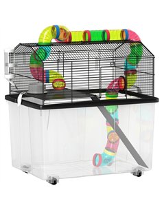 PawHut 2 Tier Hamster Cage with 31cm Deep Tray, Tube System, Water Bottle, Ramp, Feeding Bowl, 58 x 43 x 57cm, Multicolour