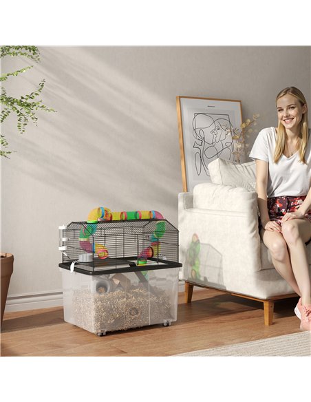 PawHut 2 Tier Hamster Cage with 31cm Deep Tray, Tube System, Water Bottle, Ramp, Feeding Bowl, 58 x 43 x 57cm, Multicolour - pic 158866 | FastDaddyshop