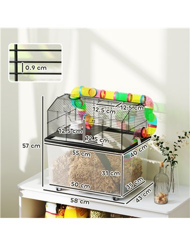 PawHut 2 Tier Hamster Cage with 31cm Deep Tray, Tube System, Water Bottle, Ramp, Feeding Bowl, 58 x 43 x 57cm, Multicolour