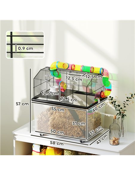 PawHut 2 Tier Hamster Cage with 31cm Deep Tray, Tube System, Water Bottle, Ramp, Feeding Bowl, 58 x 43 x 57cm, Multicolour - pic 158867 | FastDaddyshop