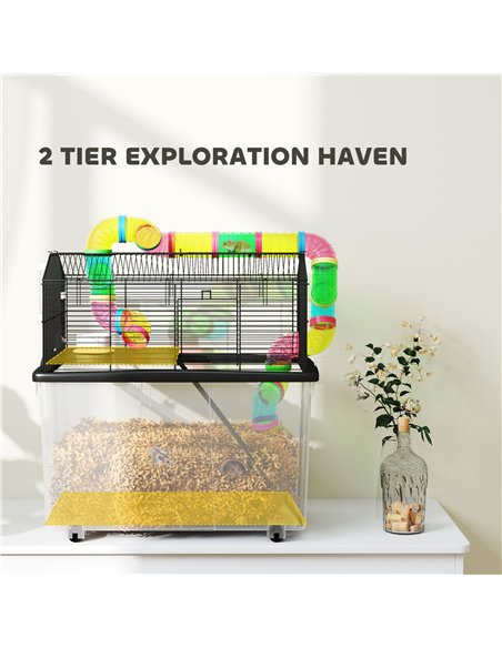 PawHut 2 Tier Hamster Cage with 31cm Deep Tray, Tube System, Water Bottle, Ramp, Feeding Bowl, 58 x 43 x 57cm, Multicolour - pic 158868 | FastDaddyshop