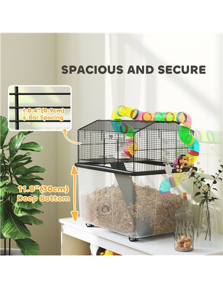 PawHut 2 Tier Hamster Cage with 31cm Deep Tray, Tube System, Water Bottle, Ramp, Feeding Bowl, 58 x 43 x 57cm, Multicolour - pic 158869 | FastDaddyshop