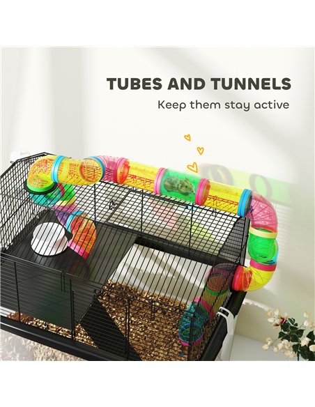 PawHut 2 Tier Hamster Cage with 31cm Deep Tray, Tube System, Water Bottle, Ramp, Feeding Bowl, 58 x 43 x 57cm, Multicolour - pic 158870 | FastDaddyshop
