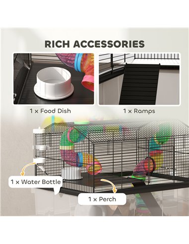 PawHut 2 Tier Hamster Cage with 31cm Deep Tray, Tube System, Water Bottle, Ramp, Feeding Bowl, 58 x 43 x 57cm, Multicolour