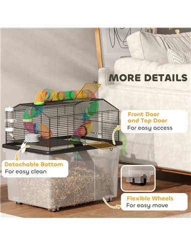 PawHut 2 Tier Hamster Cage with 31cm Deep Tray, Tube System, Water Bottle, Ramp, Feeding Bowl, 58 x 43 x 57cm, Multicolour