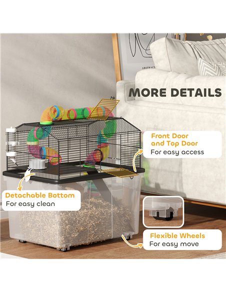 PawHut 2 Tier Hamster Cage with 31cm Deep Tray, Tube System, Water Bottle, Ramp, Feeding Bowl, 58 x 43 x 57cm, Multicolour - pic 158872 | FastDaddyshop