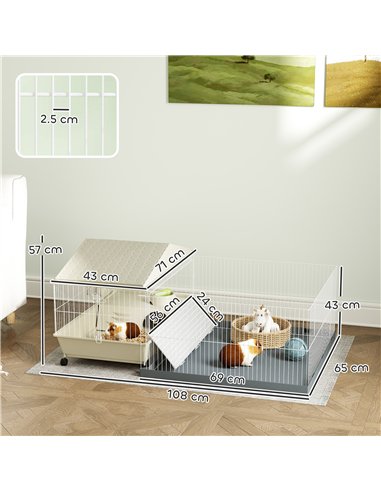 PawHut Small Animal Cage with Removable Pet Playpen, Guinea Pig Cage with Waterproof Pad, Hay Feeder, 108 x 71 x 57cm, Beige