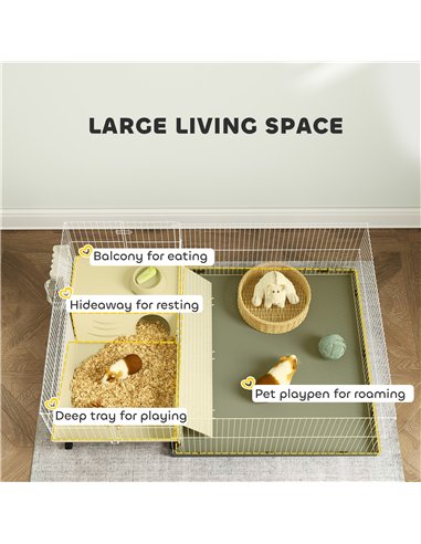 PawHut Small Animal Cage with Removable Pet Playpen, Guinea Pig Cage with Waterproof Pad, Hay Feeder, 108 x 71 x 57cm, Beige
