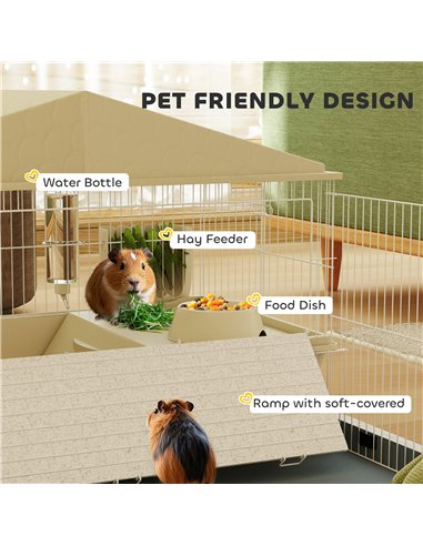 PawHut Small Animal Cage with Removable Pet Playpen, Guinea Pig Cage with Waterproof Pad, Hay Feeder, 108 x 71 x 57cm, Beige