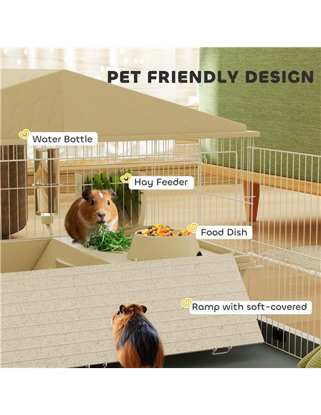 PawHut Small Animal Cage with Removable Pet Playpen, Guinea Pig Cage with Waterproof Pad, Hay Feeder, 108 x 71 x 57cm, Beige - pic 158887 | FastDaddyshop