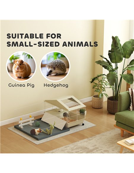 PawHut Small Animal Cage with Removable Pet Playpen, Guinea Pig Cage with Waterproof Pad, Hay Feeder, 108 x 71 x 57cm, Beige - pic 158889 | FastDaddyshop