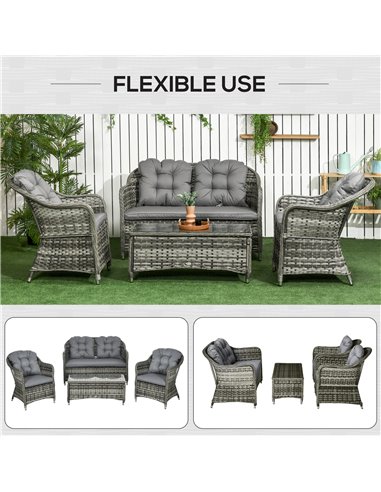 Outsunny 4 Pieces PE Rattan Wicker Sofa Set Outdoor Conservatory Furniture Lawn Patio Coffee Table w/ Cushion - Grey
