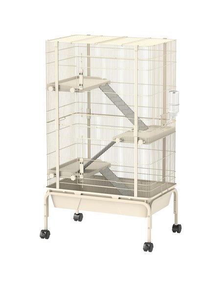 PawHut 4 Levels Rolling Small Animal Cage, Rabbit Cage with 3 Ramps, Water Bottle, Food Dish, 15cm Deep Tray, Beige - pic 158901 | FastDaddyshop