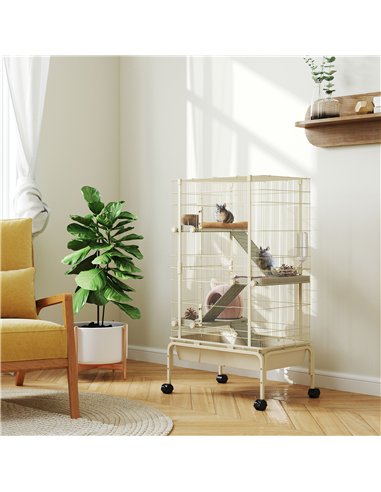 PawHut 4 Levels Rolling Small Animal Cage, Rabbit Cage with 3 Ramps, Water Bottle, Food Dish, 15cm Deep Tray, Beige
