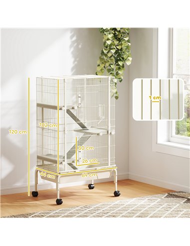 PawHut 4 Levels Rolling Small Animal Cage, Rabbit Cage with 3 Ramps, Water Bottle, Food Dish, 15cm Deep Tray, Beige