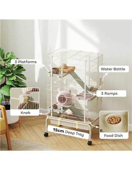 PawHut 4 Levels Rolling Small Animal Cage, Rabbit Cage with 3 Ramps, Water Bottle, Food Dish, 15cm Deep Tray, Beige - pic 158905 | FastDaddyshop
