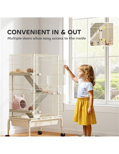 PawHut 4 Levels Rolling Small Animal Cage, Rabbit Cage with 3 Ramps, Water Bottle, Food Dish, 15cm Deep Tray, Beige