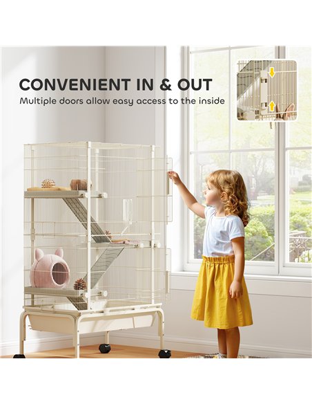 PawHut 4 Levels Rolling Small Animal Cage, Rabbit Cage with 3 Ramps, Water Bottle, Food Dish, 15cm Deep Tray, Beige - pic 158906 | FastDaddyshop