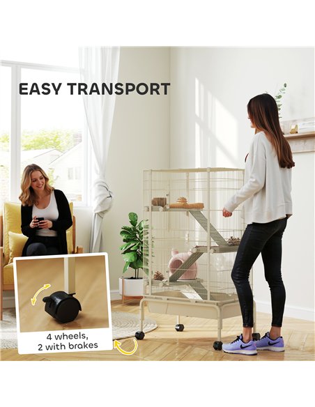 PawHut 4 Levels Rolling Small Animal Cage, Rabbit Cage with 3 Ramps, Water Bottle, Food Dish, 15cm Deep Tray, Beige - pic 158907 | FastDaddyshop