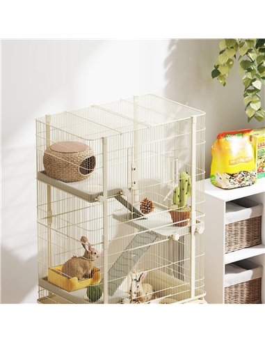 PawHut 4 Levels Rolling Small Animal Cage, Rabbit Cage with 3 Ramps, Water Bottle, Food Dish, 15cm Deep Tray, Beige