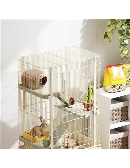 PawHut 4 Levels Rolling Small Animal Cage, Rabbit Cage with 3 Ramps, Water Bottle, Food Dish, 15cm Deep Tray, Beige - pic 158908 | FastDaddyshop