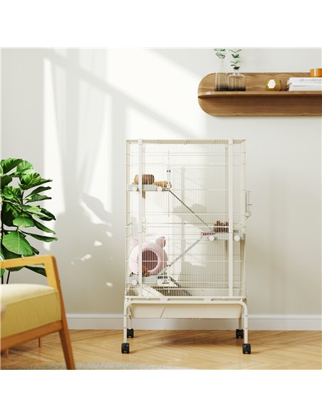 PawHut 4 Levels Rolling Small Animal Cage, Rabbit Cage with 3 Ramps, Water Bottle, Food Dish, 15cm Deep Tray, Beige - pic 158909 | FastDaddyshop