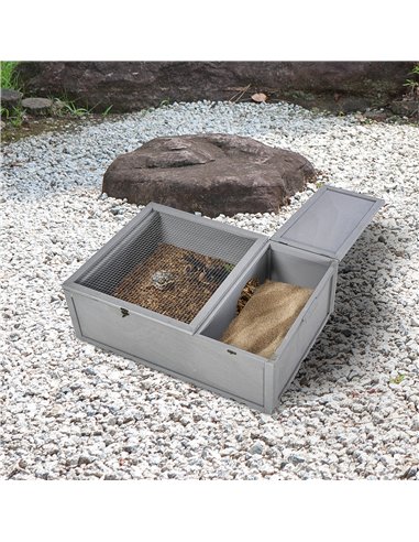 PawHut 94 cm Wooden Tortoise House Turtle Habitat Small Reptile Cage Enclosure with Two Room Grey
