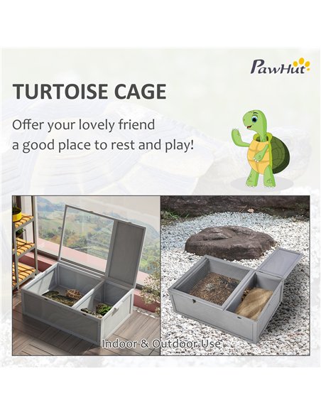 PawHut 94 cm Wooden Tortoise House Turtle Habitat Small Reptile Cage Enclosure with Two Room Grey - pic 158913 | FastDaddyshop