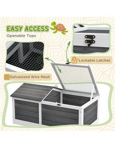 PawHut Wooden Tortoise House, Small Pet Reptile Shelter, with Hide Den and Run - Grey