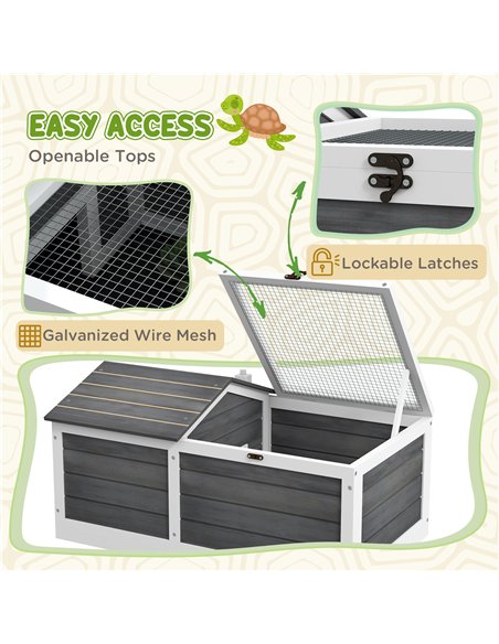 PawHut Wooden Tortoise House, Small Pet Reptile Shelter, with Hide Den and Run - Grey - pic 159004 | FastDaddyshop
