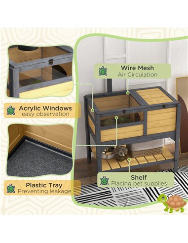 PawHut Wooden Tortoise House, with Shelter, Run, Shelf, Lamp Holder, Tray