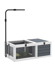 PawHut Tortoise Table with Adjustable Lamp Holder, Wooden Tortoise House w/ Openable Lids, Pull-Out Trays - Grey