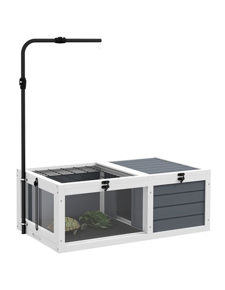 PawHut Tortoise Table with Adjustable Lamp Holder, Wooden Tortoise House w/ Openable Lids, Pull-Out Trays - Grey - pic 159018 | FastDaddyshop