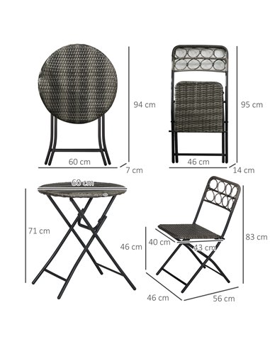 Outsunny 3 PCS Rattan Wicker Bistro Set with Easy Folding Coffee Table and Chairs, Grey