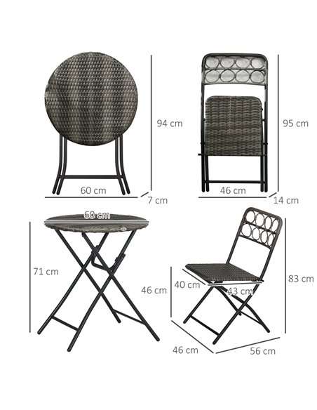 Outsunny 3 PCS Rattan Wicker Bistro Set with Easy Folding Coffee Table and Chairs, Grey - pic 15902 | FastDaddyshop