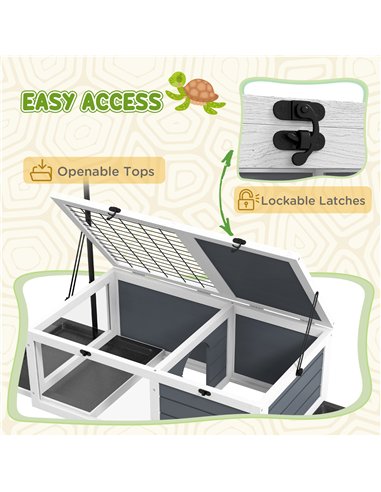 PawHut Tortoise Table with Adjustable Lamp Holder, Wooden Tortoise House w/ Openable Lids, Pull-Out Trays - Grey