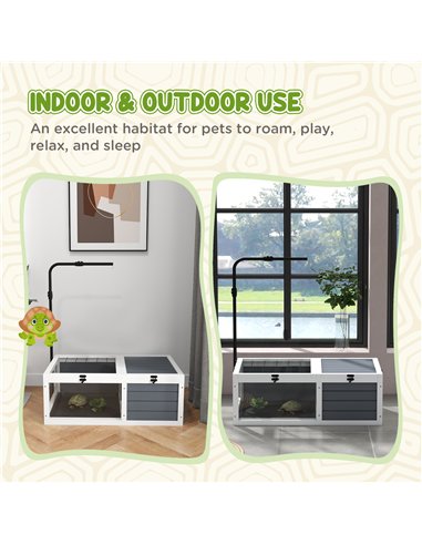 PawHut Tortoise Table with Adjustable Lamp Holder, Wooden Tortoise House w/ Openable Lids, Pull-Out Trays - Grey