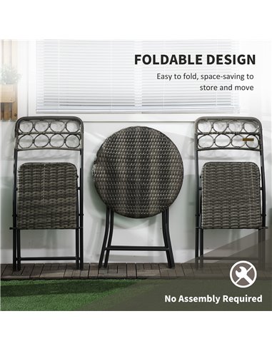 Outsunny 3 PCS Rattan Wicker Bistro Set with Easy Folding Coffee Table and Chairs, Grey