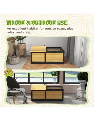 PawHut Wooden Tortoise House, Small Pet Reptile Shelter, with Hide Den and Run - Yellow