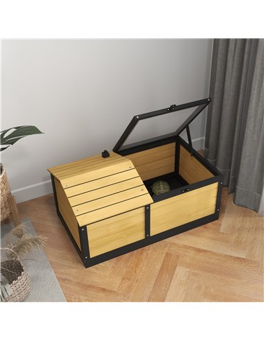PawHut Wooden Tortoise House, Small Pet Reptile Shelter, with Hide Den and Run - Yellow