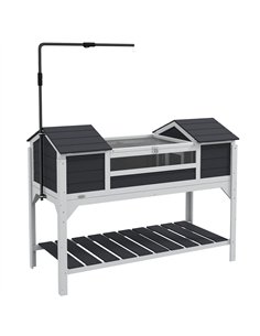 PawHut Wooden Tortoise Enclosure w/ Adjustable Lamp Holder, Openable Lid, Dual Main Houses, Storage Shelf, Fixed Tray - Grey