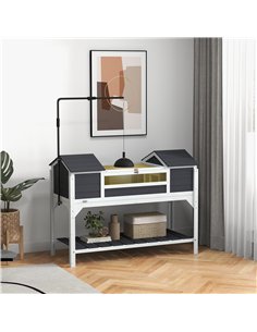PawHut Wooden Tortoise Enclosure w/ Adjustable Lamp Holder, Openable Lid, Dual Main Houses, Storage Shelf, Fixed Tray - Grey 2