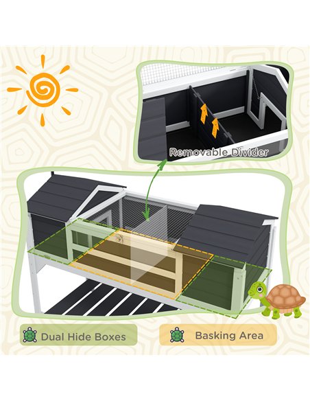 PawHut Wooden Tortoise Enclosure w/ Adjustable Lamp Holder, Openable Lid, Dual Main Houses, Storage Shelf, Fixed Tray - Grey - pic 159039 | FastDaddyshop