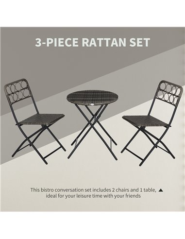 Outsunny 3 PCS Rattan Wicker Bistro Set with Easy Folding Coffee Table and Chairs, Grey