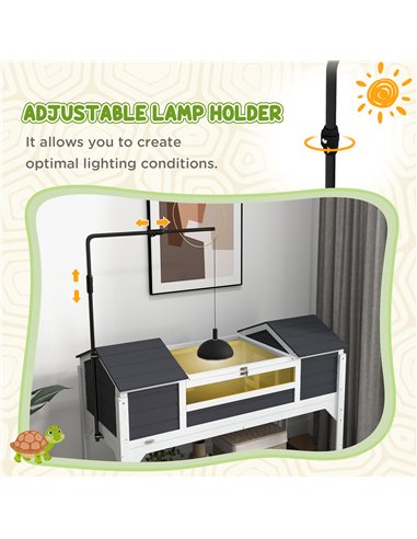 PawHut Wooden Tortoise Enclosure w/ Adjustable Lamp Holder, Openable Lid, Dual Main Houses, Storage Shelf, Fixed Tray - Grey