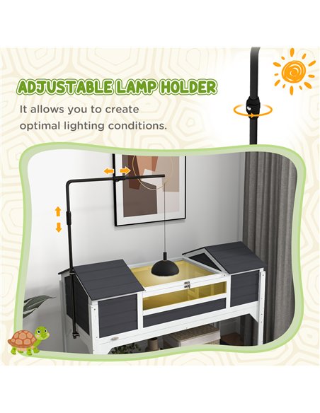 PawHut Wooden Tortoise Enclosure w/ Adjustable Lamp Holder, Openable Lid, Dual Main Houses, Storage Shelf, Fixed Tray - Grey - pic 159040 | FastDaddyshop