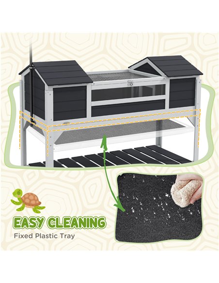 PawHut Wooden Tortoise Enclosure w/ Adjustable Lamp Holder, Openable Lid, Dual Main Houses, Storage Shelf, Fixed Tray - Grey - pic 159041 | FastDaddyshop
