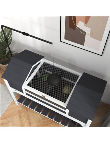 PawHut Wooden Tortoise Enclosure w/ Adjustable Lamp Holder, Openable Lid, Dual Main Houses, Storage Shelf, Fixed Tray - Grey