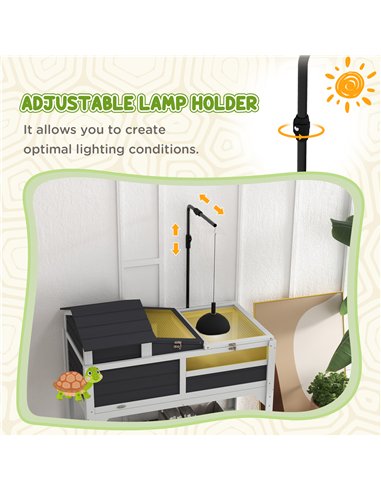 PawHut Wooden Tortoise Enclosure, Tortoise Tank w/ Adjustable Lamp Holder, Openable Lid, Removable Main House - Grey