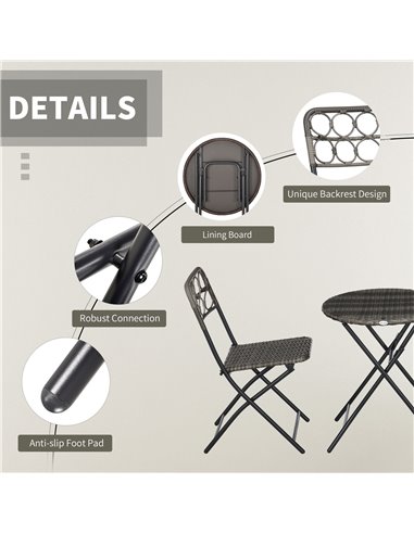 Outsunny 3 PCS Rattan Wicker Bistro Set with Easy Folding Coffee Table and Chairs, Grey